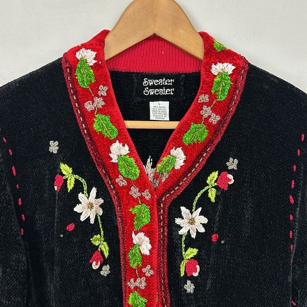 Vintage Chenille Holiday Decor Beaded Embroidered Christmas Cardigan Sz L - Picture 4 of 12